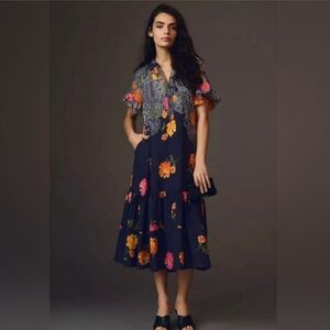 Anthropologie Blue Motif Orange Floral Ruffle Sleeve Maxi Dress
